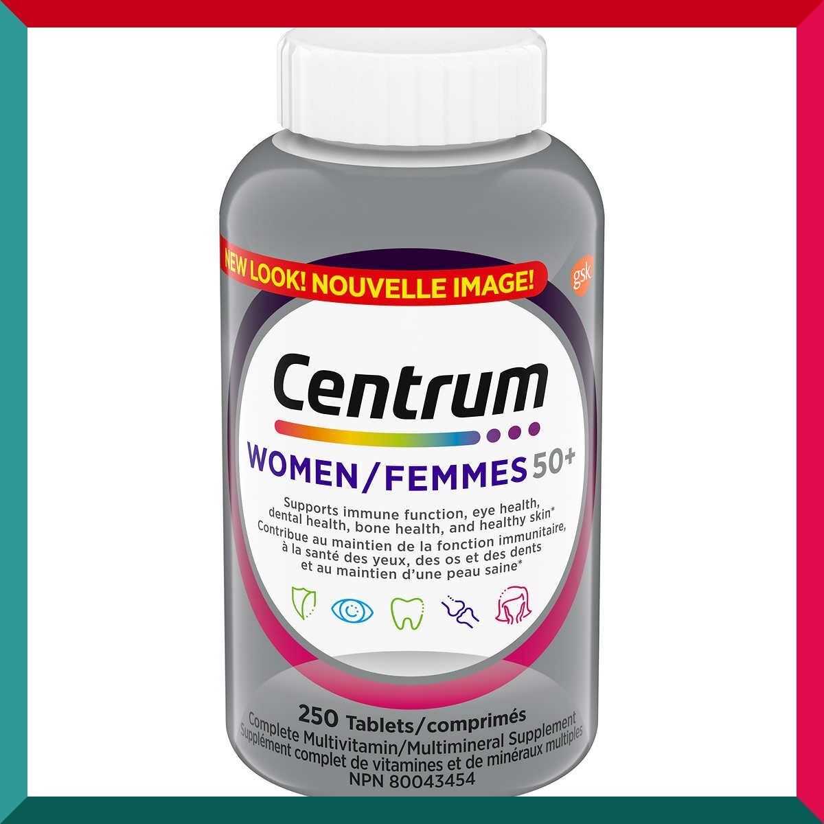 善存 - 250粒!Centrum女士50+ 全效多種維他命及礦物質 女士50+配方 維他命C免疫力 GSK 加拿大版 (新舊包裝隨機 發送) (參考效期:01/2026*)