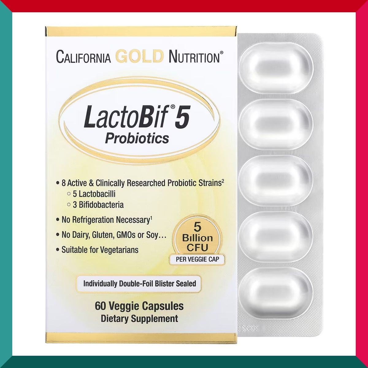 CALIFORNIA GOLD NUTRITION - California Gold Nutrition, LactoBif 5 Probiotics, 5 Billion CFU, 60 Veggie Capsules (Ref Exp: 06/2026)