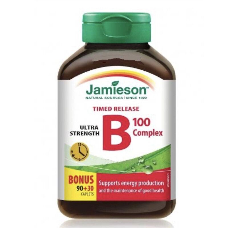 Jamieson - 特強長效天然維他命 B 雜 B100 120粒 加量裝 抗疲勞增強能量 促進新陳代謝 不含咖啡因 (參考效期:04/2027*)