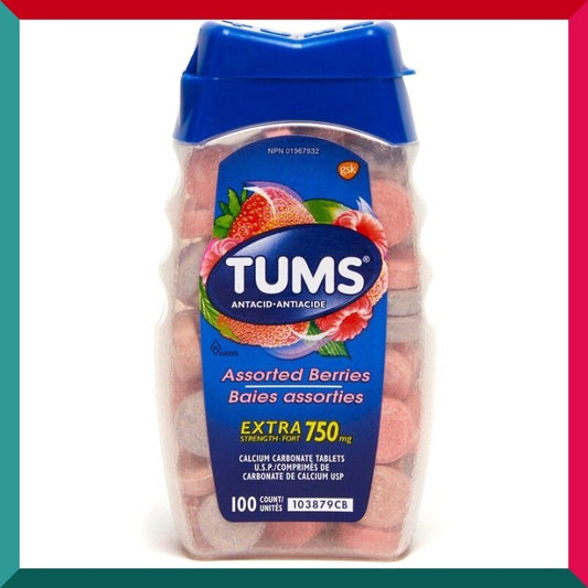 TUMS - 抗酸咀嚼鈣片750毫克100粒混合莓味 孕婦鈣 舒緩胃部 補鈣關節骨骼健康 灼熱 銷量第一 (參考效期:05/2026*)