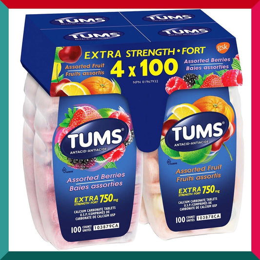 TUMS - 抗酸咀嚼鈣片750毫克100粒 X 4樽超值裝 混合水果味 混合莓果味 孕婦鈣 舒緩胃部 補鈣關節骨骼健康 灼熱 銷量第一 平行進口 (參考效期:02/2028*)