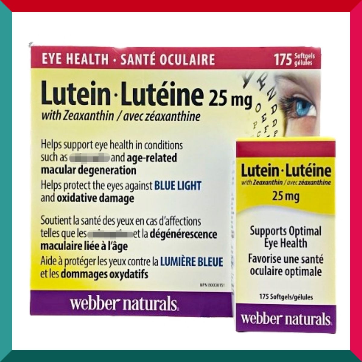 Webber Naturals - 175粒! 特強護眼葉黃素玉米黃質精華 25毫克 防藍光 視網膜黃斑 眼退化 白色內 明目 障礙 (參考效期: 06/2028*)